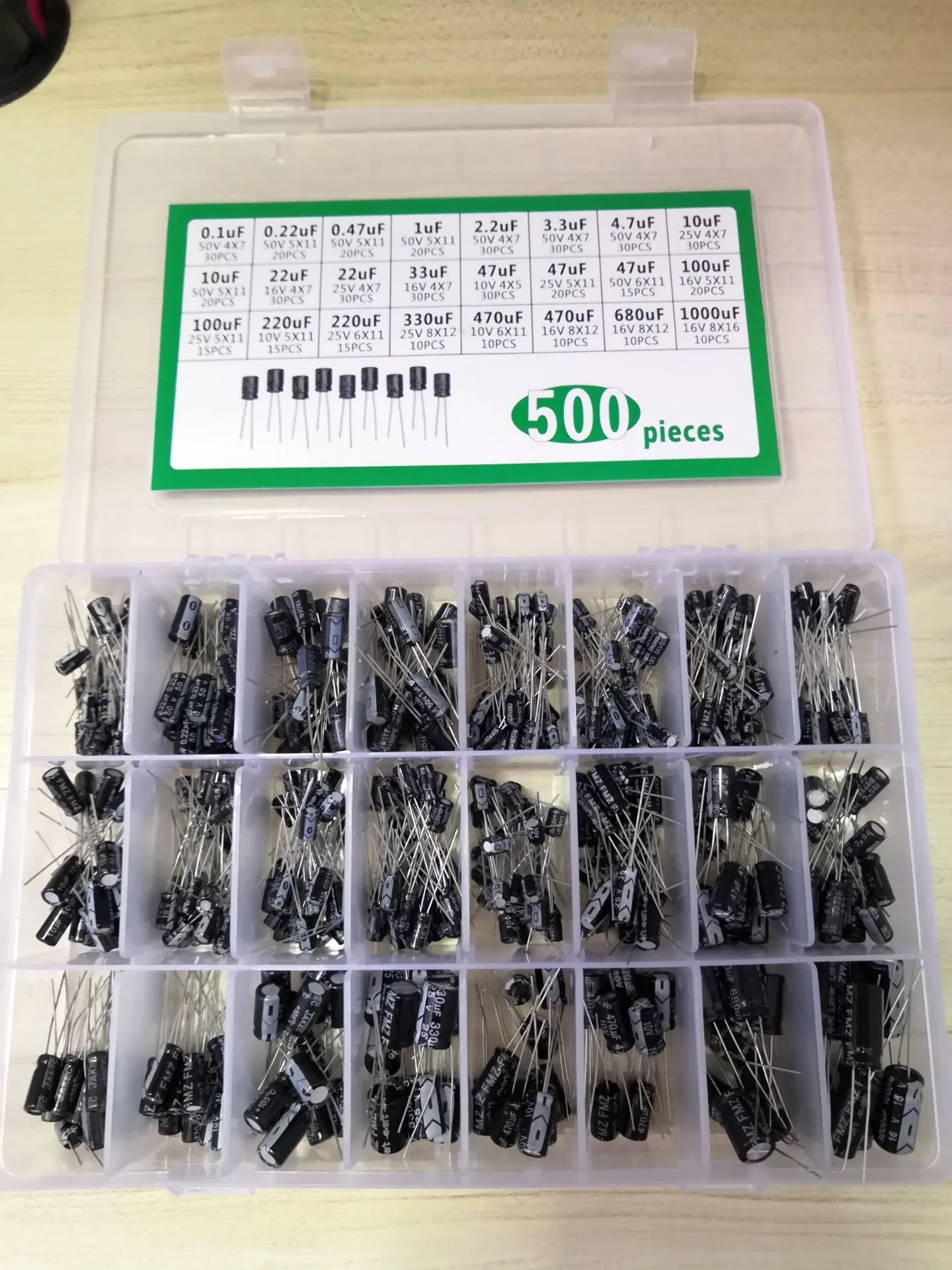 

1box Aluminum Electrolytic Capacitor Kit 500pcs 10V 16V 25V 50V 0.22/0.47/1/2.2/3.3/4.7/10 22 33 47 100 220 330 470 680 1000 UF