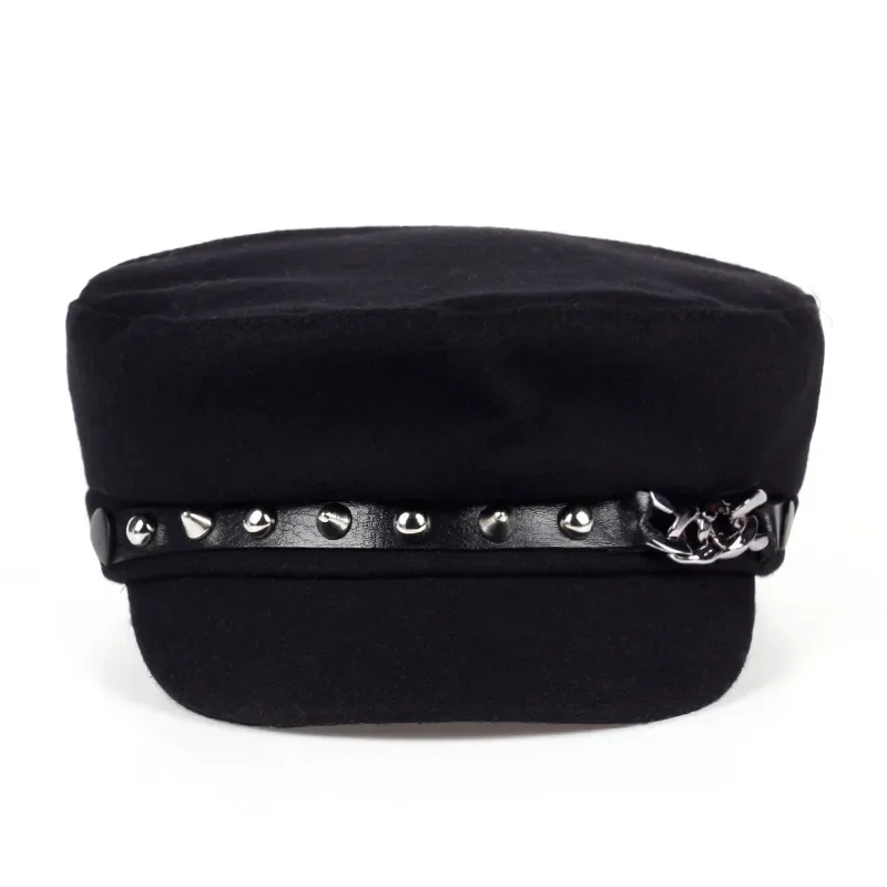 Unisex Rivet Chain Military Caps Spring Autumn Sailor Hats Women Large Black Beret Caps Men Flat Top Captain Navy Hats