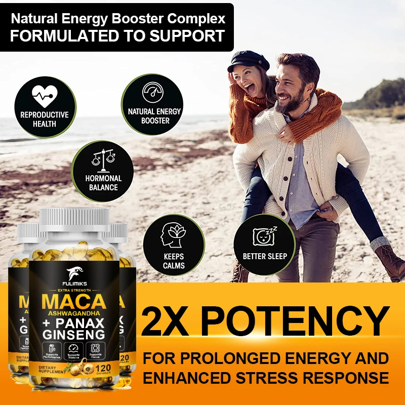 Organic Maca Root Capsules 10,000mg + Korean Ginseng 1,400mg - Black + Red + Yellow Maca Root, Potent & Highly Pure, Non-GMO