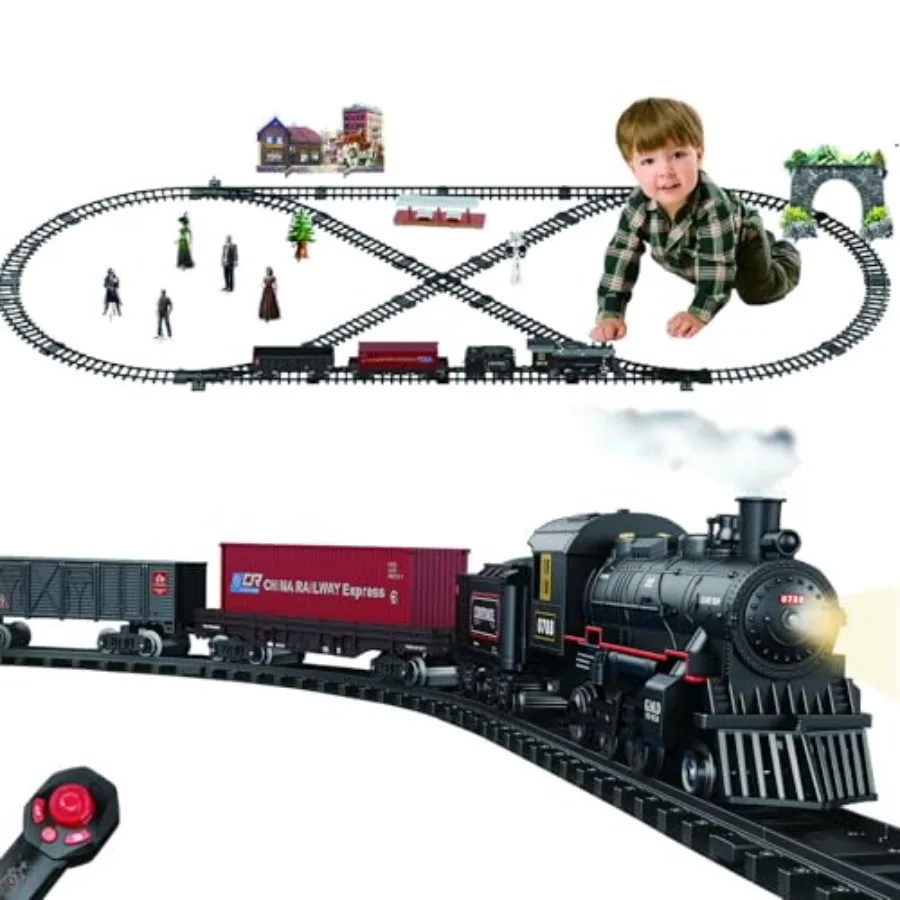 

Electric Alloy Train Set for Ages 4-8: Remote Control Metal Christmas Train Around The Tree Realistic Smoke/Sounds/Lights Birth