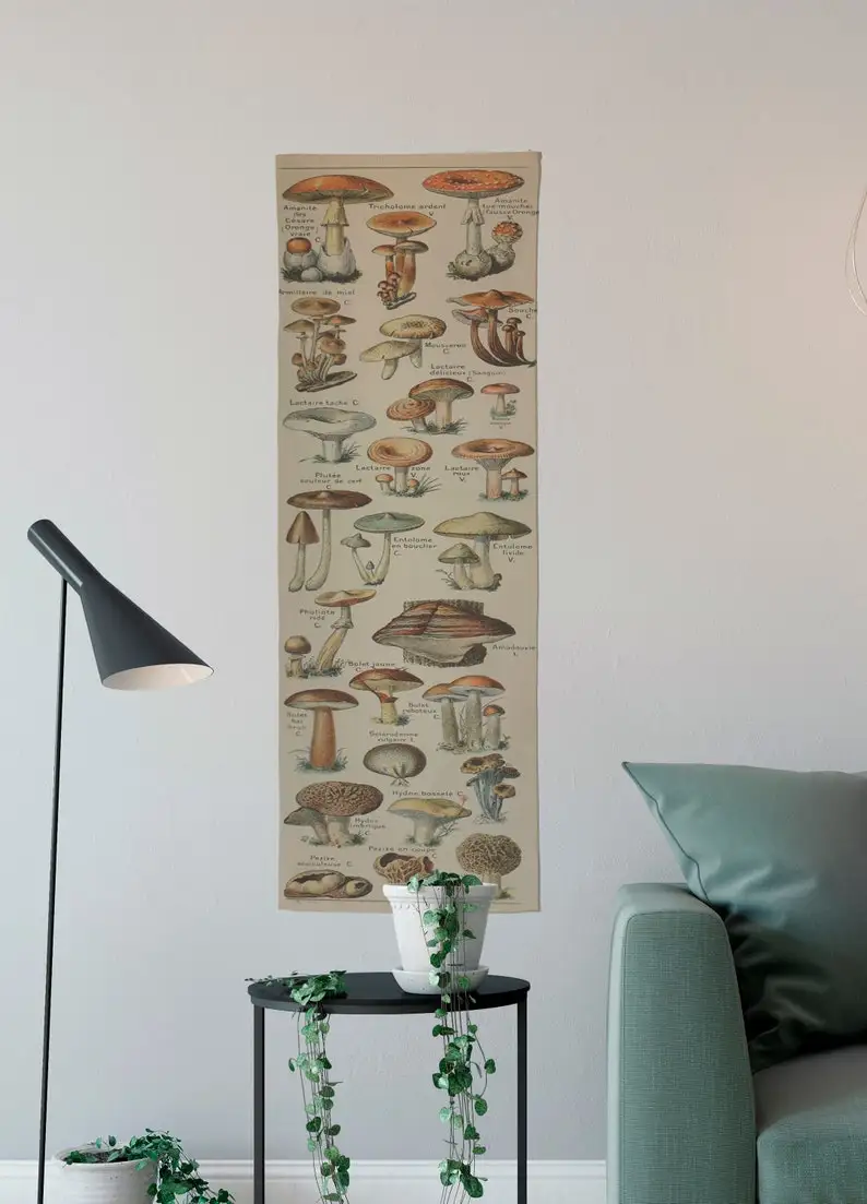 Vintage Mushrooms Long Wall Tapestry - Cotton - Skinny Tapestry - Adolphe Millot - Nouveau Larousse