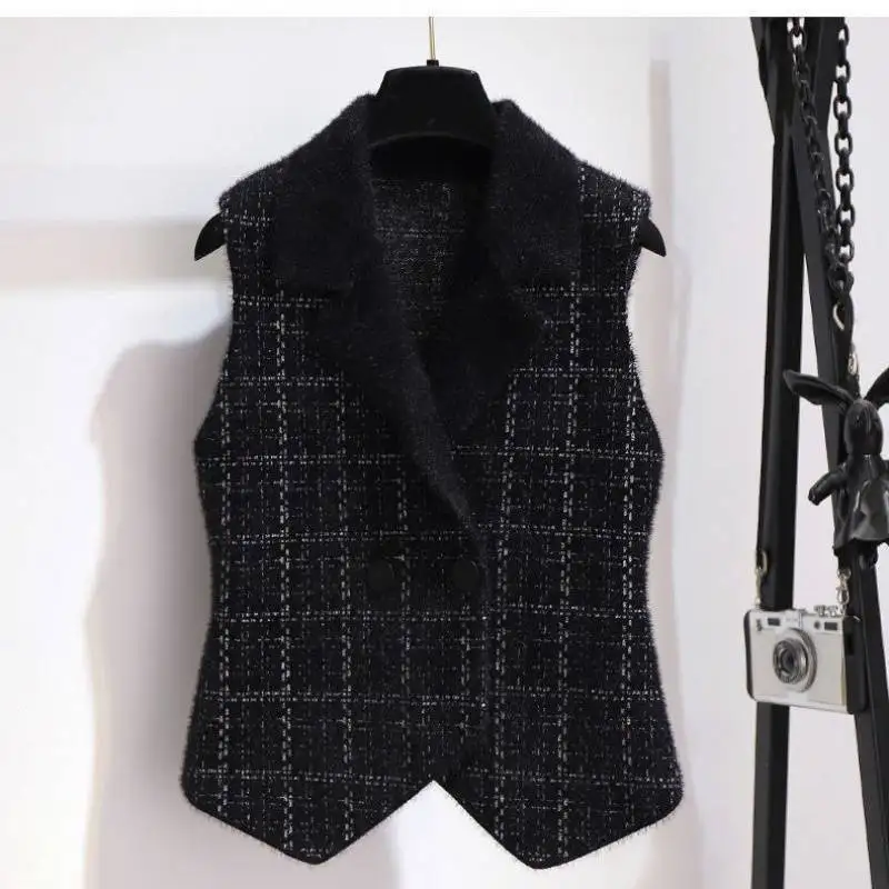 Autumn and Winter New Lapel Mink Vest Women\'s Wear Waist Sweater Vest Versatile Knitted Top