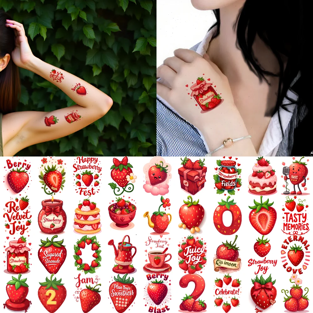 

63 шт. временные татуировки клубничное джем временные татуировки наклейки клубничный торт фруктовый чай мультфильм для плеч щеки