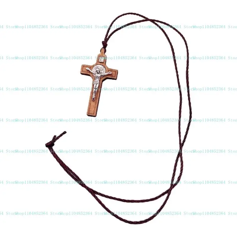 Einfache religiöse Glaube Gebet Taufe christliche Holz Metall Kreuze Seil Halskette Junge Mädchen Zugang Schmuck – Detail 4