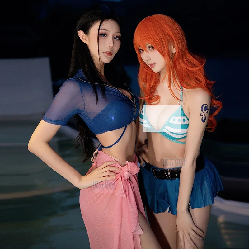 

Anime Nami Nico Robin Swimsuit Cosplay Costumes Wigs Women Sexy Swimwear Bikini Set Bandage Bathing Suit Halloween Party Clothes