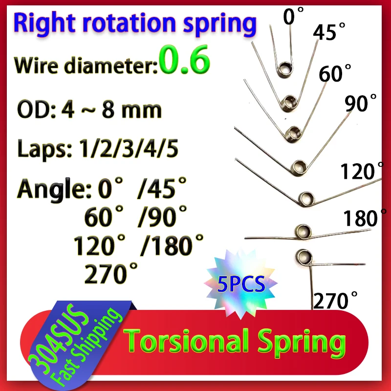 5Pcs Wire Diameter 0.6 Right Rotation Torsion Spring 304 Stainless Steel Torsion Spring Number of Turns 1/2/3/4/5 Turns