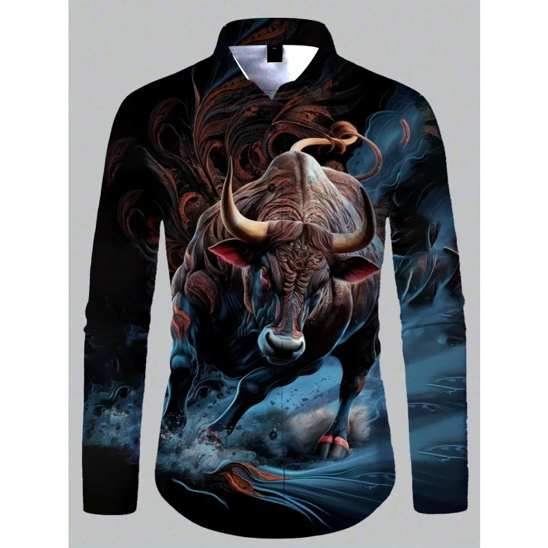 قمصان رجالية كلاسيكية رائعة بأكمام طويلة مطبوعة ثلاثية الأبعاد على شكل حيوان التنين الثور جرافيك الخريف ملابس علوية غير رسمية قميص شارع خارجي رائع #3