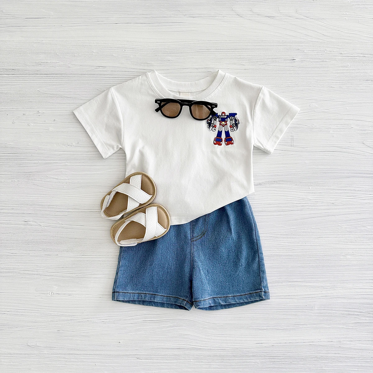2024 New 2Pcs Baby Boys Clothes Set Robot Embroidery Short Sleeved T-shirt+denim Shorts Girls Suit Summer for 0-3Y Childrens
