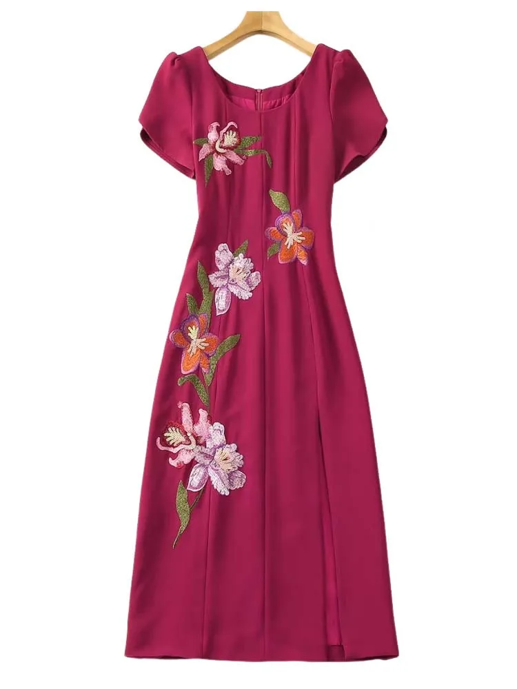 ฝรั่งเศสอารมณ์สง่างามอุตสาหกรรมหนักเย็บปักถักร้อยดอกไม้รอบคอแขนสั้นเอวสูงแยกชุด Midi สําหรับผู้หญิงฤดูร้อน