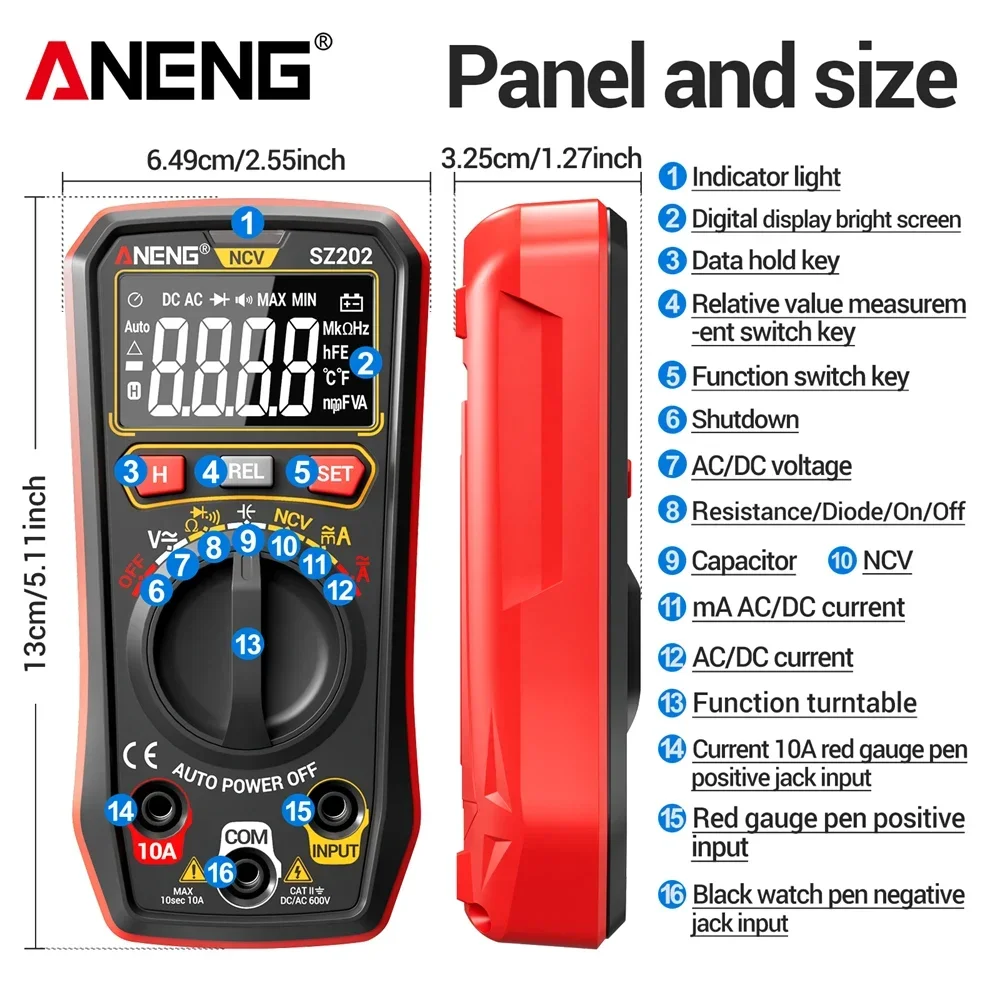 ANENG SZ202 4000 recuentos multímetro Digital probador zumbador voltaje CA/CC 10A medidor de corriente resistencia condensador NCV herramientas de prueba