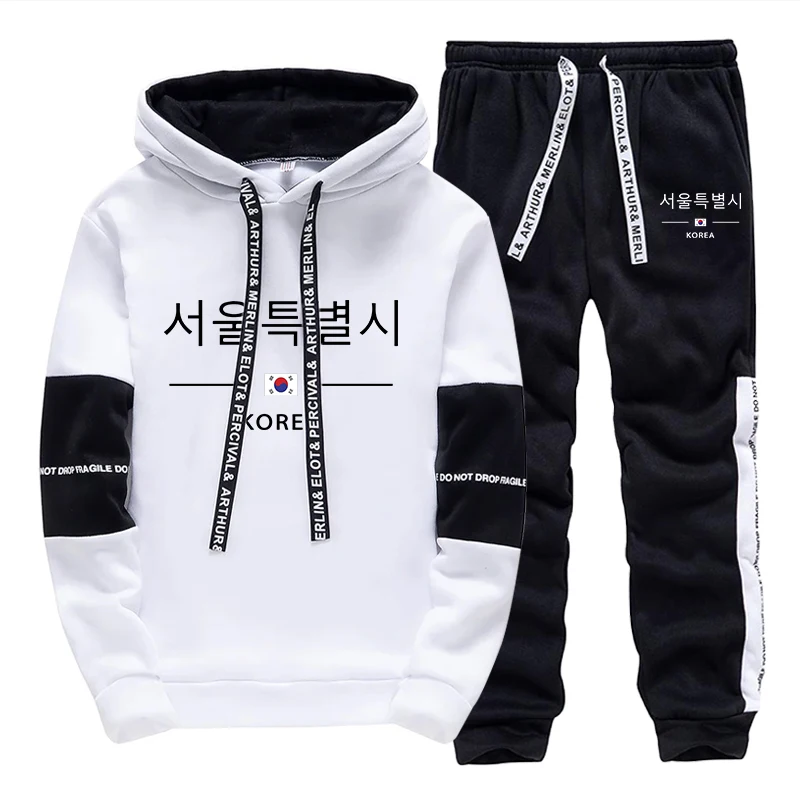 Mens Tracksuit Fashion Printing Casual Hooded Sweatshirts+PantsTwo Piece Set Gym Jogging Clothing Black White Sports Streetwear