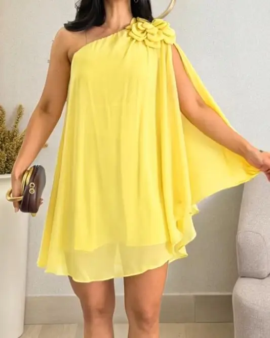 Women Dresses New Style Fashion Women's One Shoulder Sleeveless 3D Flower Decor Mini Dress Female Casual A Line Vacation Dress