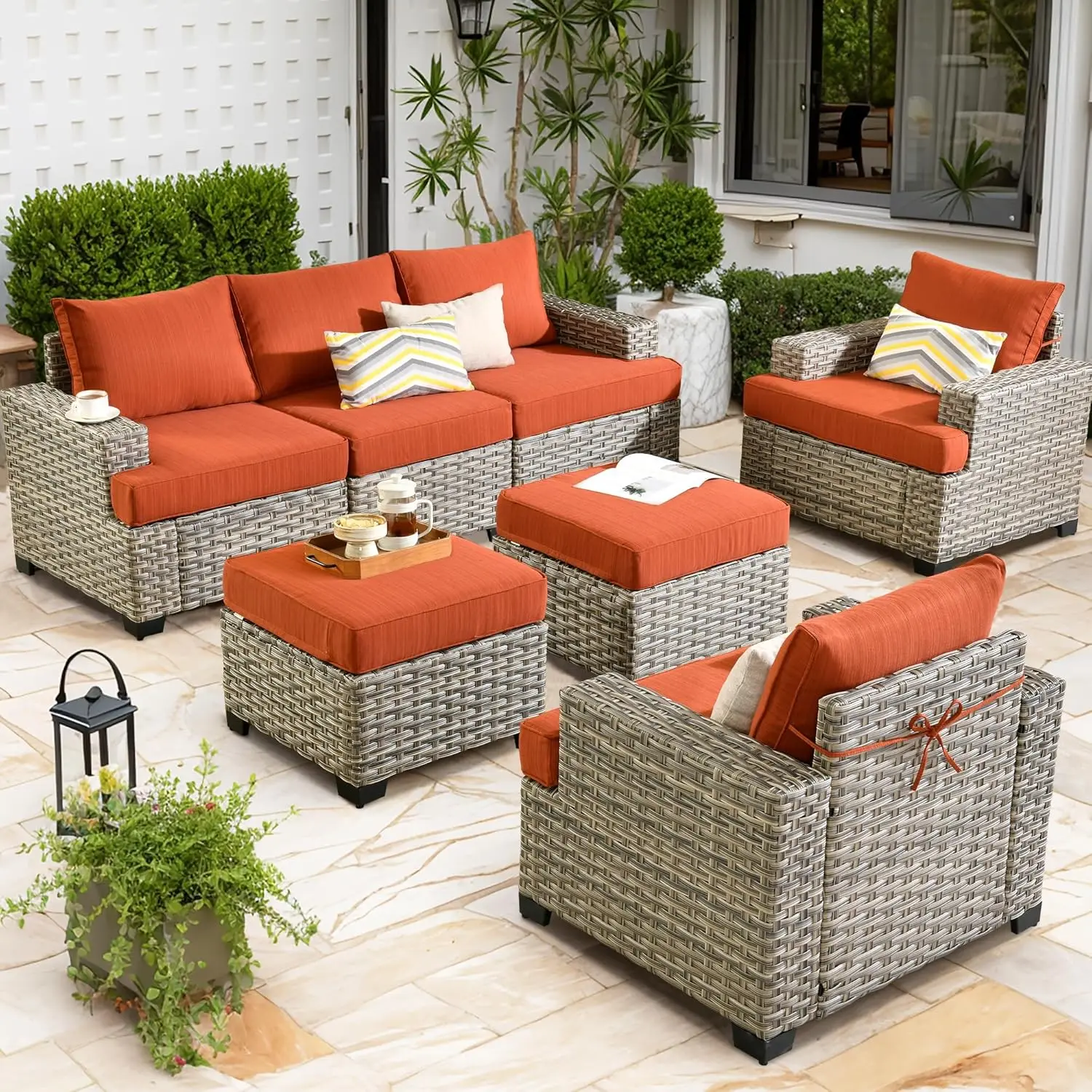 

Patio Furniture Sets Outdoor Sectional Rattan Sofa Manual Weaving Wicker Patio Conversation Set with Ottomans and T Cushion