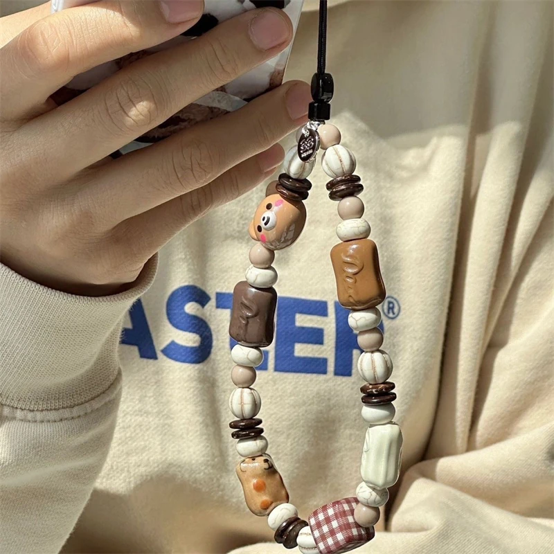 Korean Cute 3D Brown Bear Puppy Beaded Phone Chain Charm Lanyard For iPhone 15 14 7 CCD Camera Hanging Rope Girl Jewelry Pendant