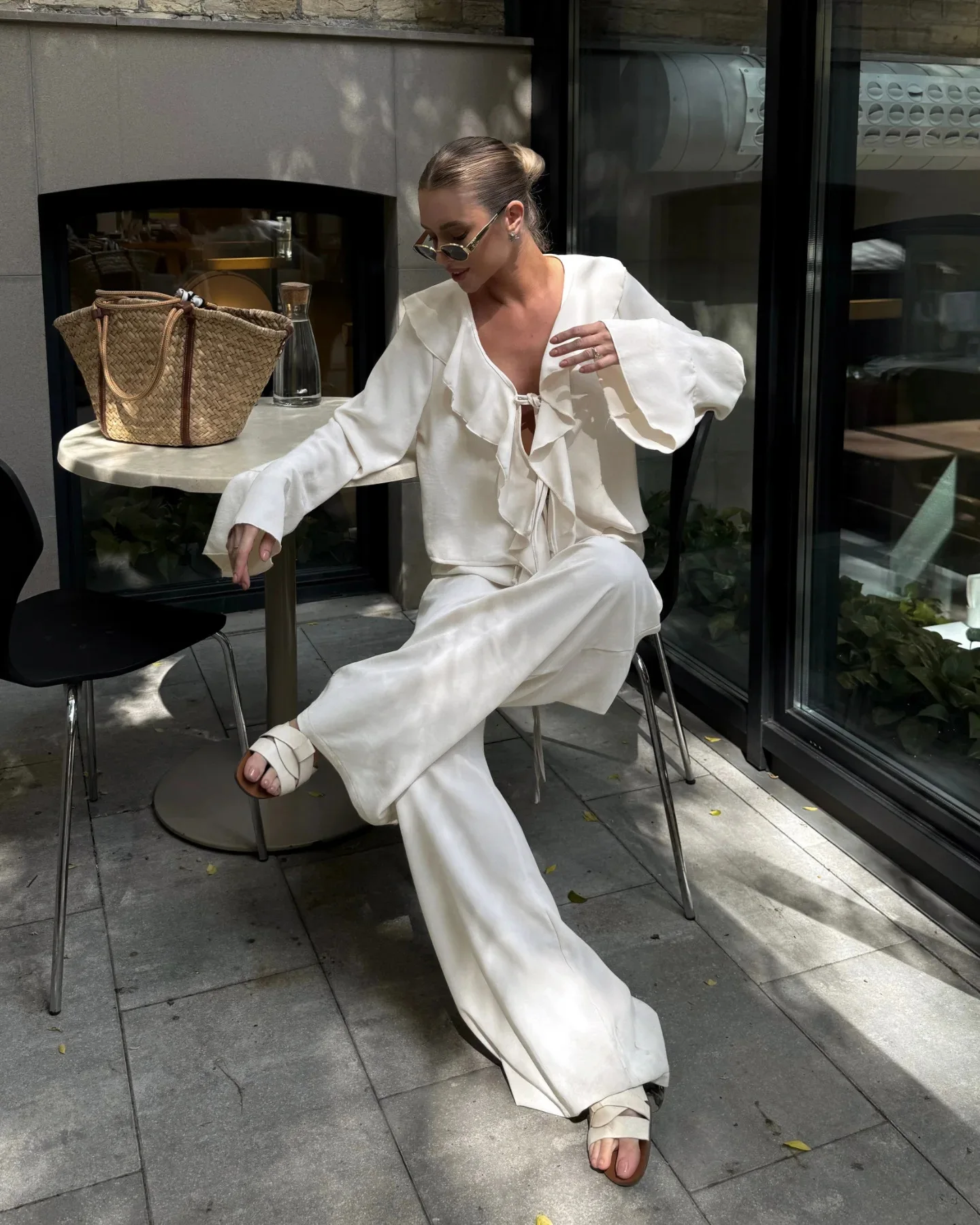 Trendy Womens Two Piece Set V Neck Long Sleeve Tee High Waist Wide Leg Pants Lace Up Detail Casual Loose Suit Solid Color