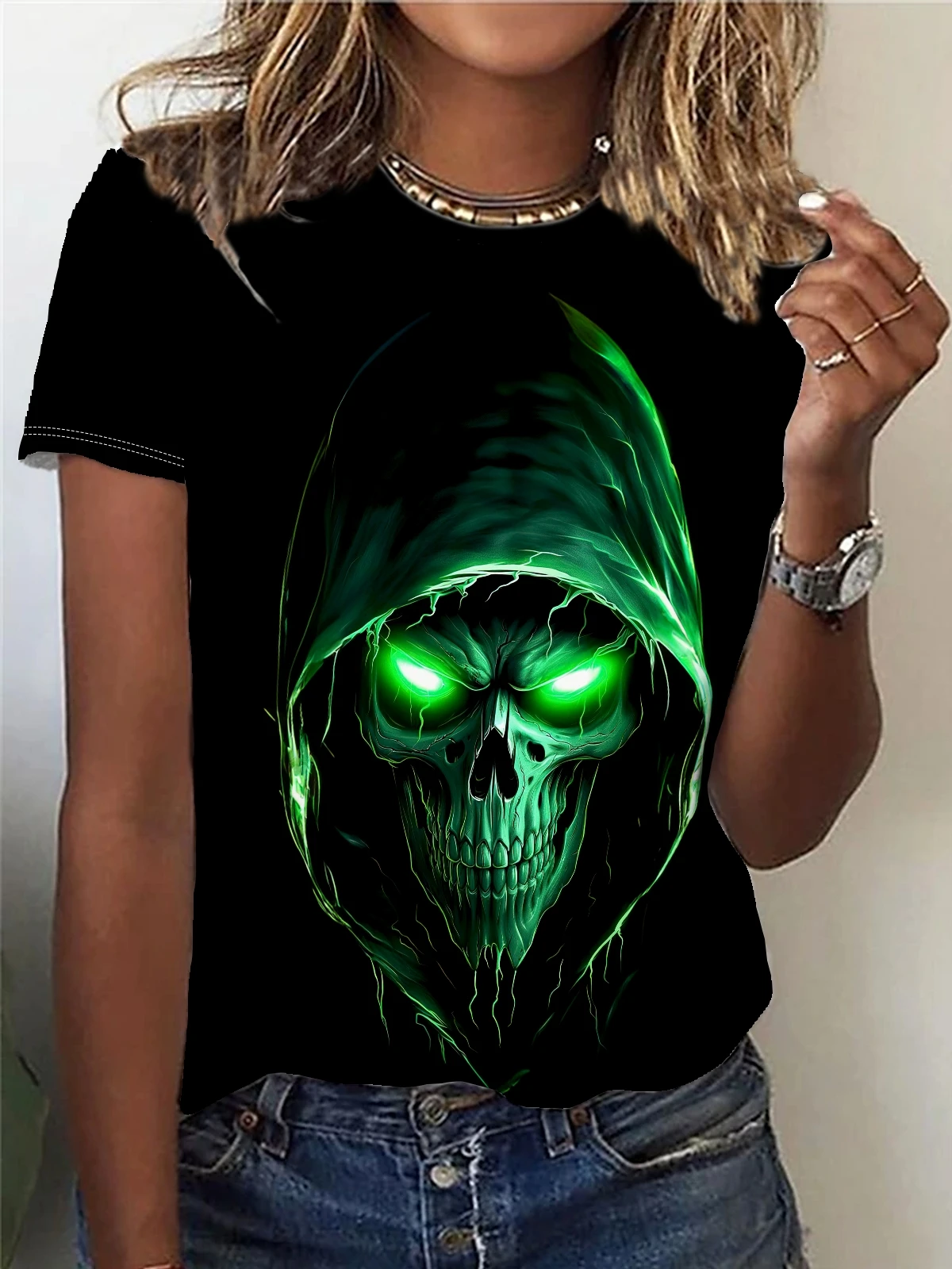 Green Skull Print T-shirt, Casual Crew Neck Short Sleeve Top For Spring & Summer, Women\'s Clothing