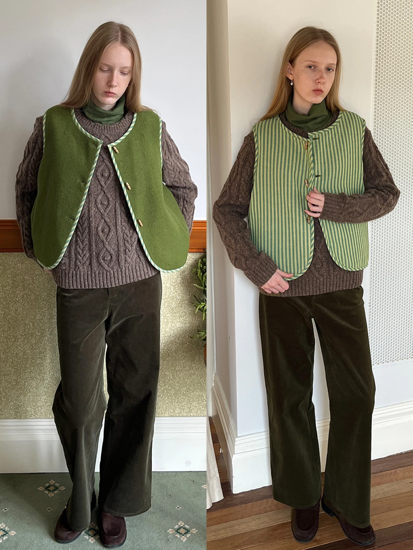 

MintCheese Double-Sided Wool Vest Honey Melon Stripe Fairy T een Circle Woolen Vest Women's Faion Outerwear