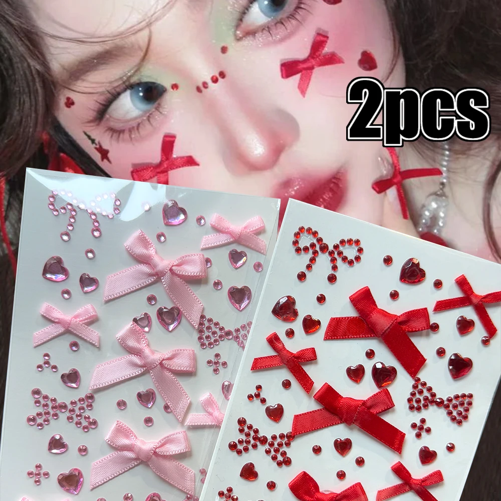 

2Sheets 3D Bow Rhinestone Face Tattoo Stickers Y2k Ribbon Bow Heart Eyes Facial Makeup Sticker for Festival Party DIY Decoration