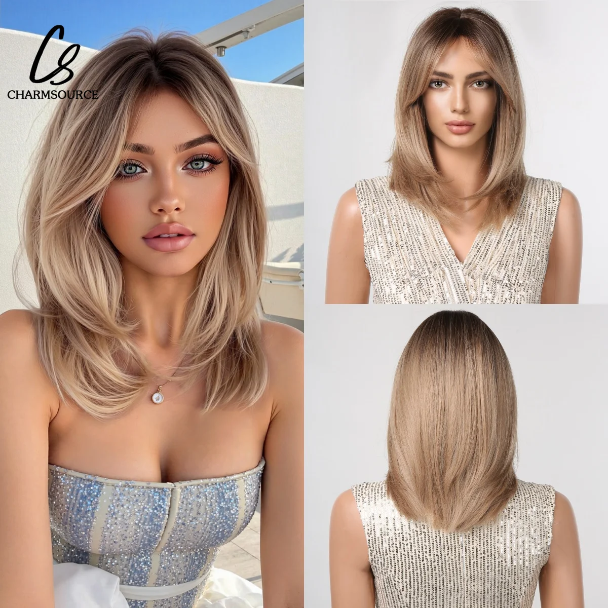 

CharmSource Dark Root Synthetic Wigs Blonde Bob Hair Natural Straight Wig for Women Girl Daily Party High Density