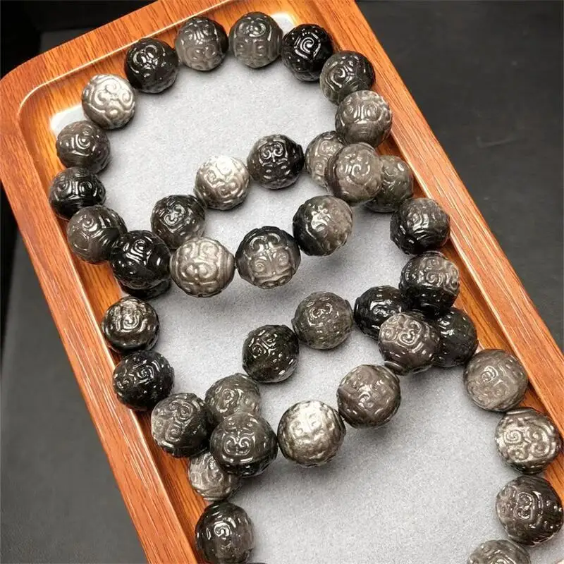 

13MM Natural Silver Obsidian Mosaic Bead Pendant Bracelet Women Fashion Sweet Reiki Healing Energy Strand Girls Jewelry Gift