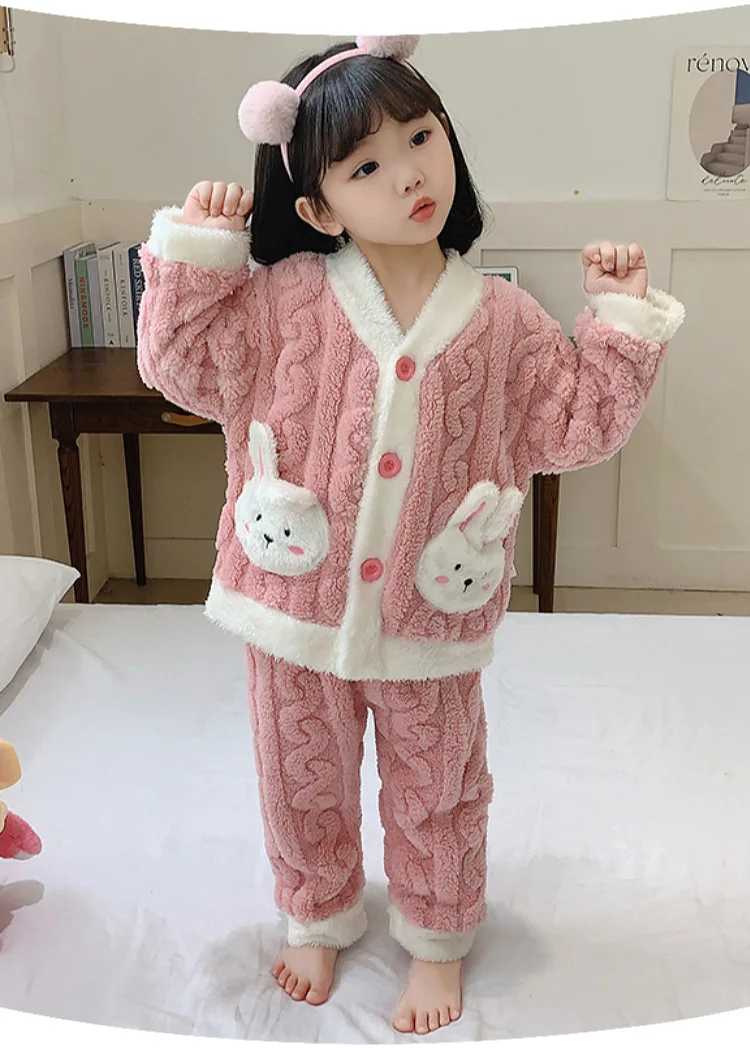 Herbst-Winter-Kleinkind-Mädchen-Flanell-Pyjama-Sets Kinder Süßer Hase Verdickte Warme Strickjacke+Hose 2-teiliges Baby-Loungewear-Outfit – Detail 2