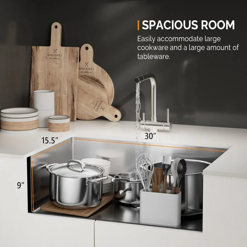 30 Inch Stainless Steel Drop In, Kitchen Utility Sink, Workstation Deep Single Bowl, Ledge Multifunctional Workstation Sink Set