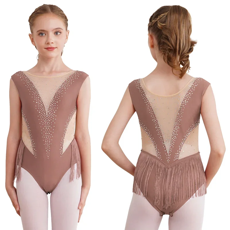 Kids Girls Ballet Latin Dance Leotards Figure Skating Performance Costume Shiny Rhinestone Tassel Gymnastics Bodysuit Dancewear