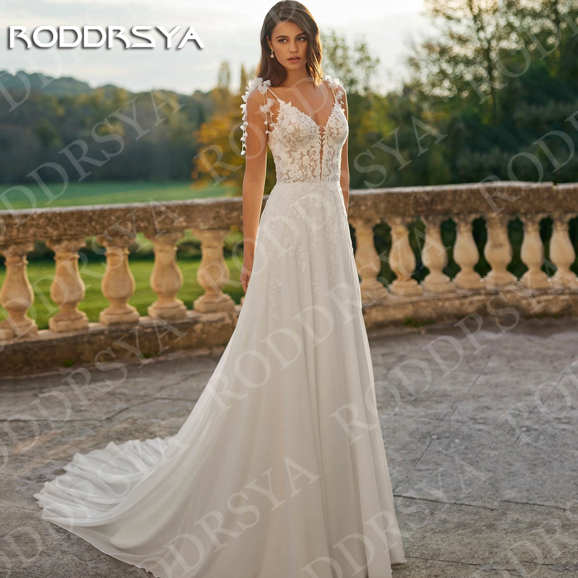 

RODDRSYA Boho Spaghetti Straps Wedding Dress Lace Appliques A Line Backless V Neck Bridal Dresses Bohemian Chiffon Customized