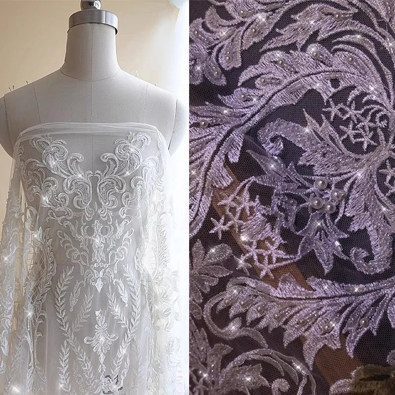 

140CM Wide, New Exquisite Nail Bead Embroidery Sequins Mesh Lace Fabric Handmade DIY Clothing Wedding Dress Accessories