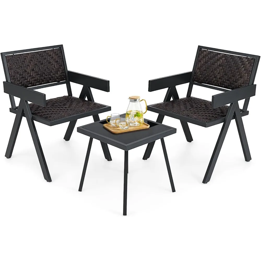 

3 Pieces Patio Wicker Bistro Set, Outdoor Table and Chairs Set with Quick-Drying Foam, Patio Furniture Set for Porch, Balcony,