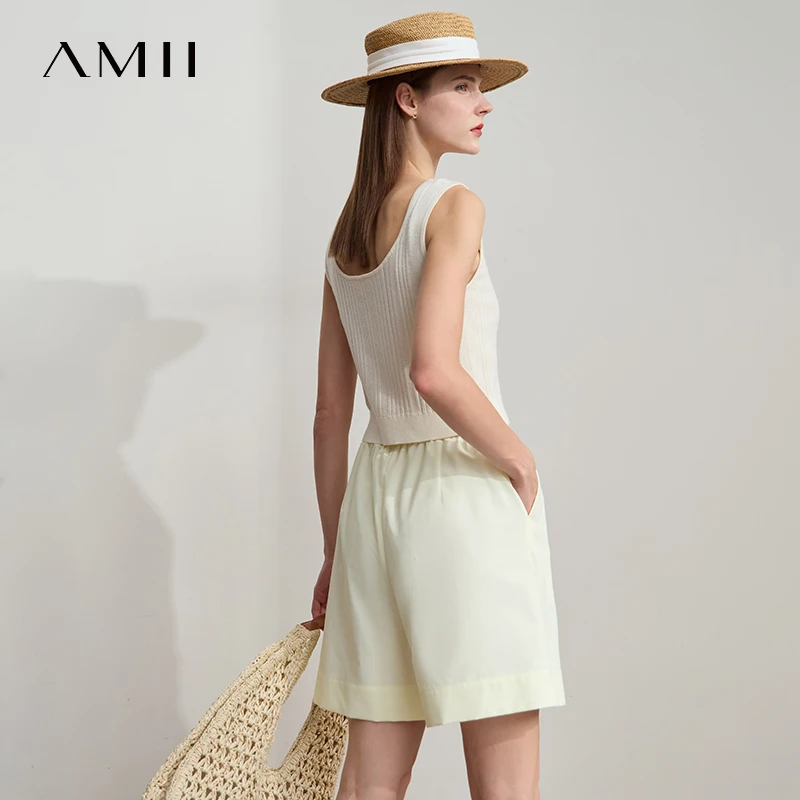Amii Shorts For Women Minimalist Summer New Style Versatile Commuting Elastic Waistband Wide Leg Casual Split Trousers 12522073