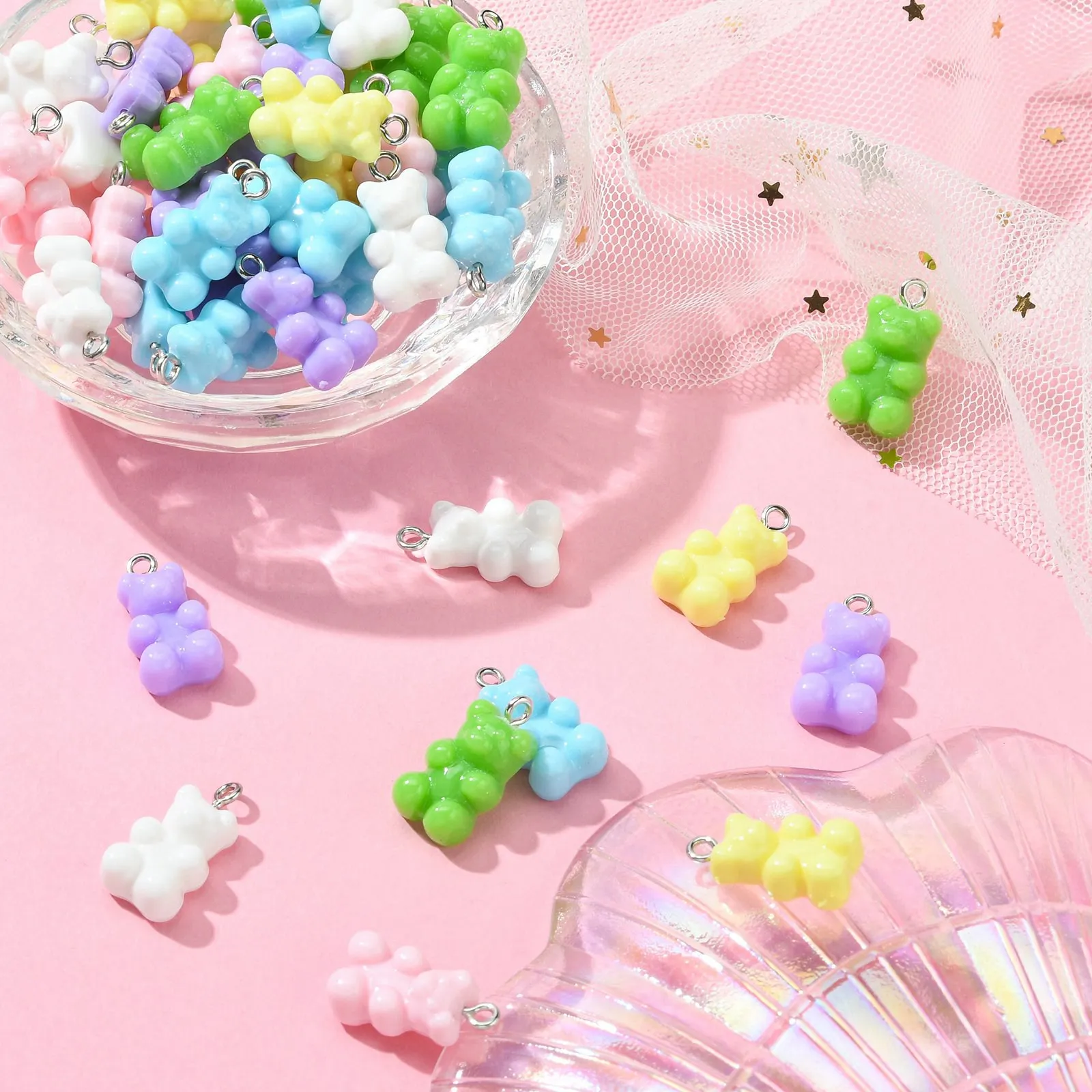 Pandahall 90Pcs 6 Colors Flatback Bear Charms Resin Animal Pendants Cute Bear Charms for Jewelry Keychains Making Accessories