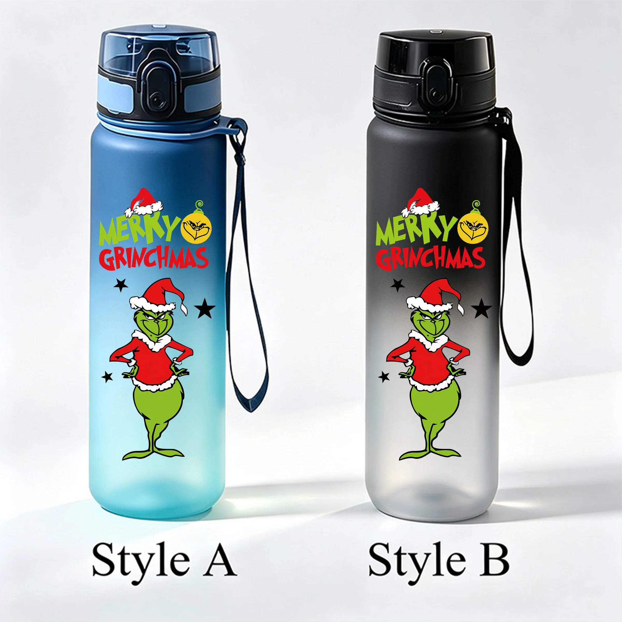 650ml The Grinch Christmas Bouncing Lid Water Cup, Gradient Frosted Leak‑proof Portable Sports Drinking Bottle with Lanyard