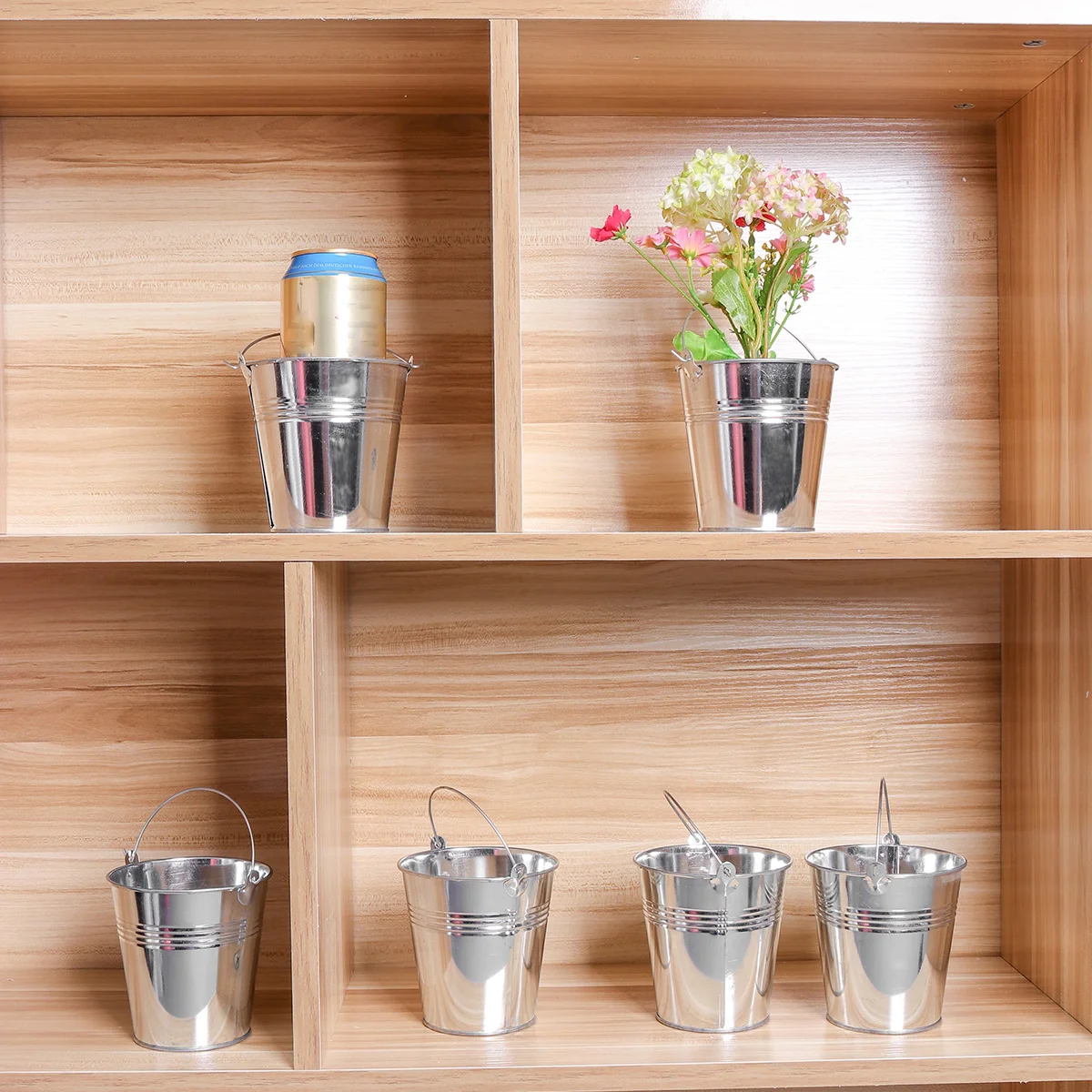 

6Pcs Tinplate Fries Bucket Portable Ice Cooler Large Size Silver Handle for Wine Beer Party Buffet Mini Fries Bucket