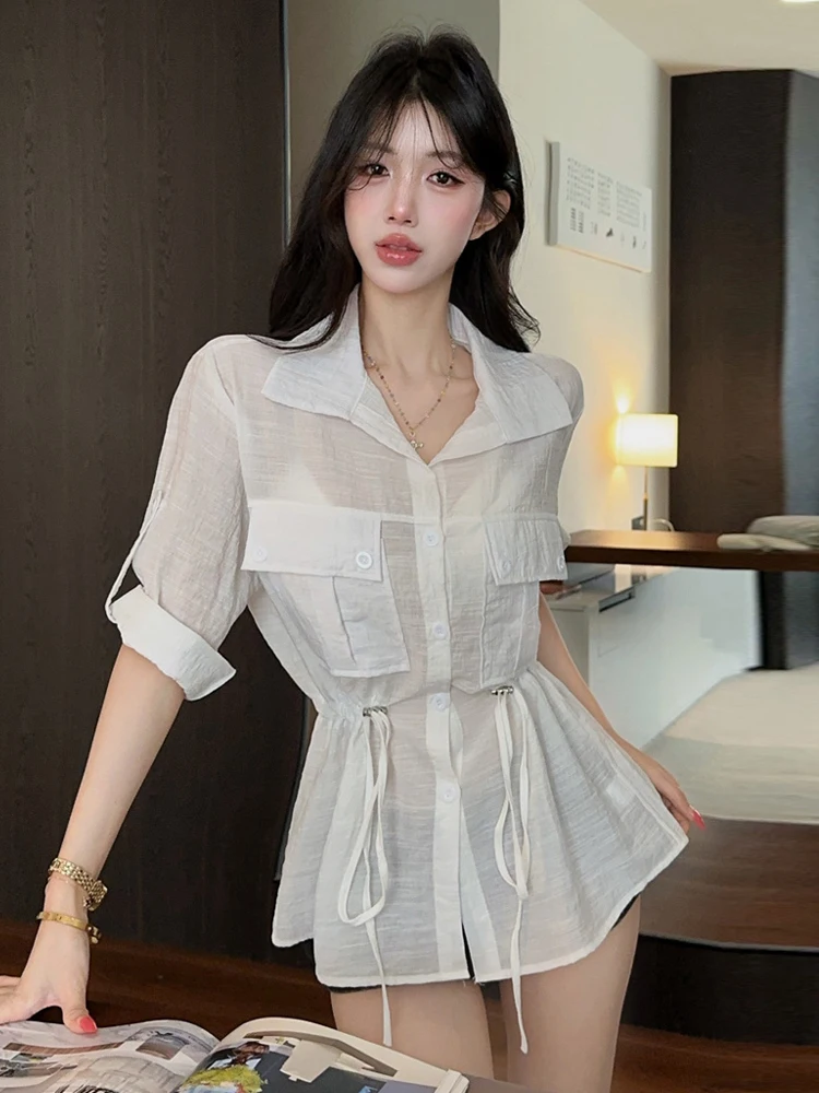 

Sexy Casual Neck Sun Protection Shirt mid Sleeve Belted Women's Loose Fit Shirt Pure Desire Style Translucent Waist-Cinc...