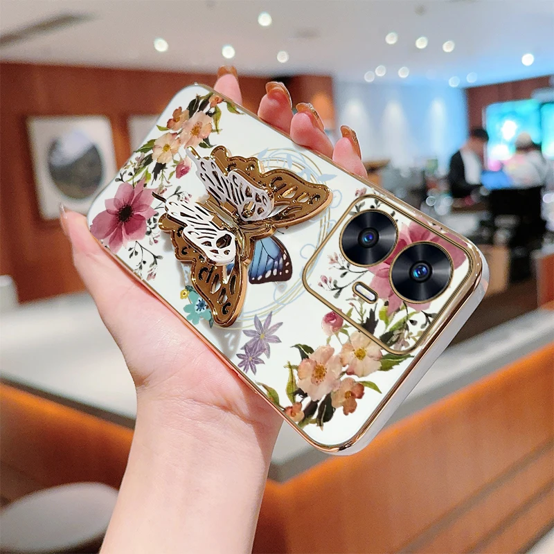 C 55 Flower Butterfly Plating Holder Phone Case For OPPO Realme C35 C53 C63 C33 C55 C67 C25Y 10Pro 12 12Pro 11Pro 10 10T Cover