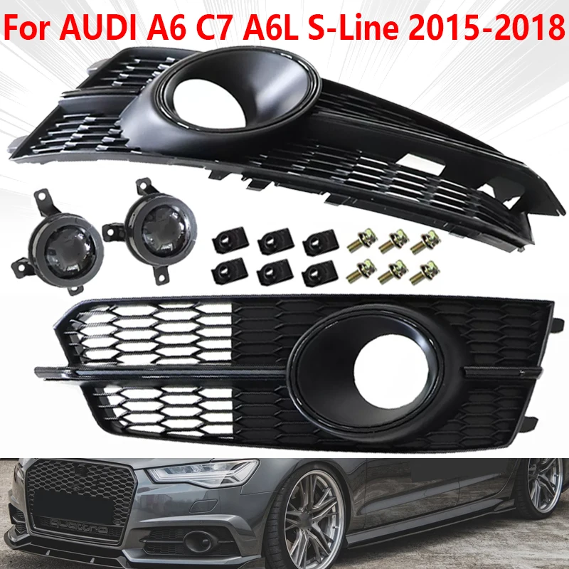 Bright Black Car Front Honeycomb Fog Light Grille Cover With ACC For AUDI A6 C7 A6L S-Line 2015-2018 4G0807681AG 4G0807682AG