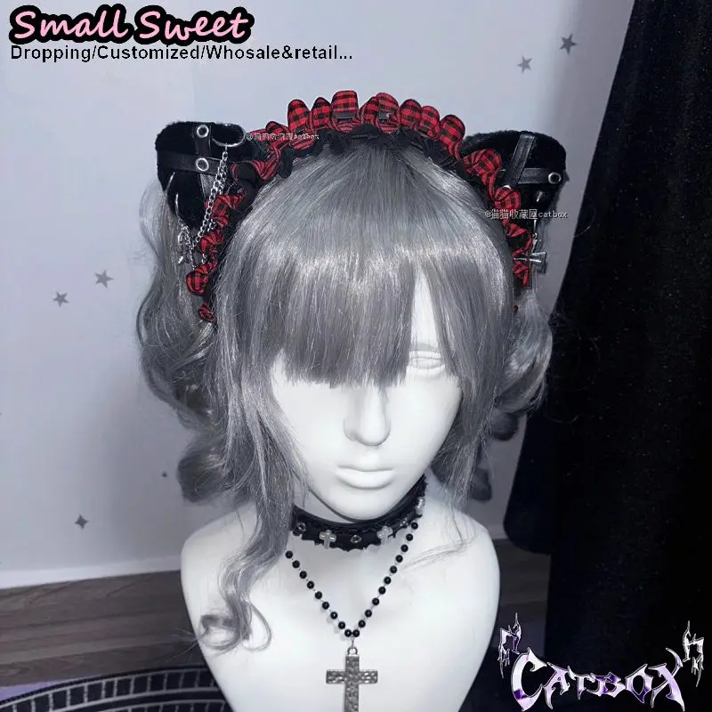 

Subculture Harajuku Gothic Lolita Y2K girl dark Punk Red Black Check Cat‘s Ears Floral Lace Ruffled hair band Headband Hair Hoop