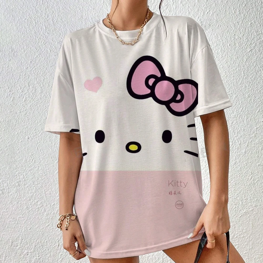 HelloKitty 50 Anniversary Print T Shirt Women Kawaii Sanrioed Harajuku Tops Black Short Sleeve Woman T-shirt Streetwear Clothing