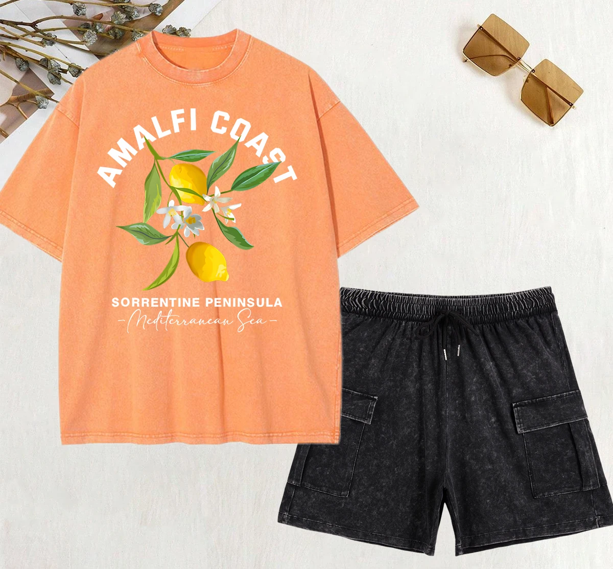 

Amalfi Coast Lemon Sorrentine Peninsula Print Washed T-Shirt Sets Women Cotton Soft Pant O-Neck Summer T Shirt Casual Shorts Set