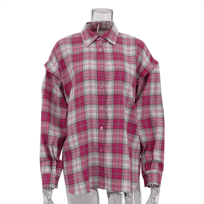 قميص نسائي كبير الحجم ذو مربعات وردية، طراز جديد متعدد الاستخدامات مع ياقة بأكمام طويلة قابلة للفصل وطبقة خارجية #5