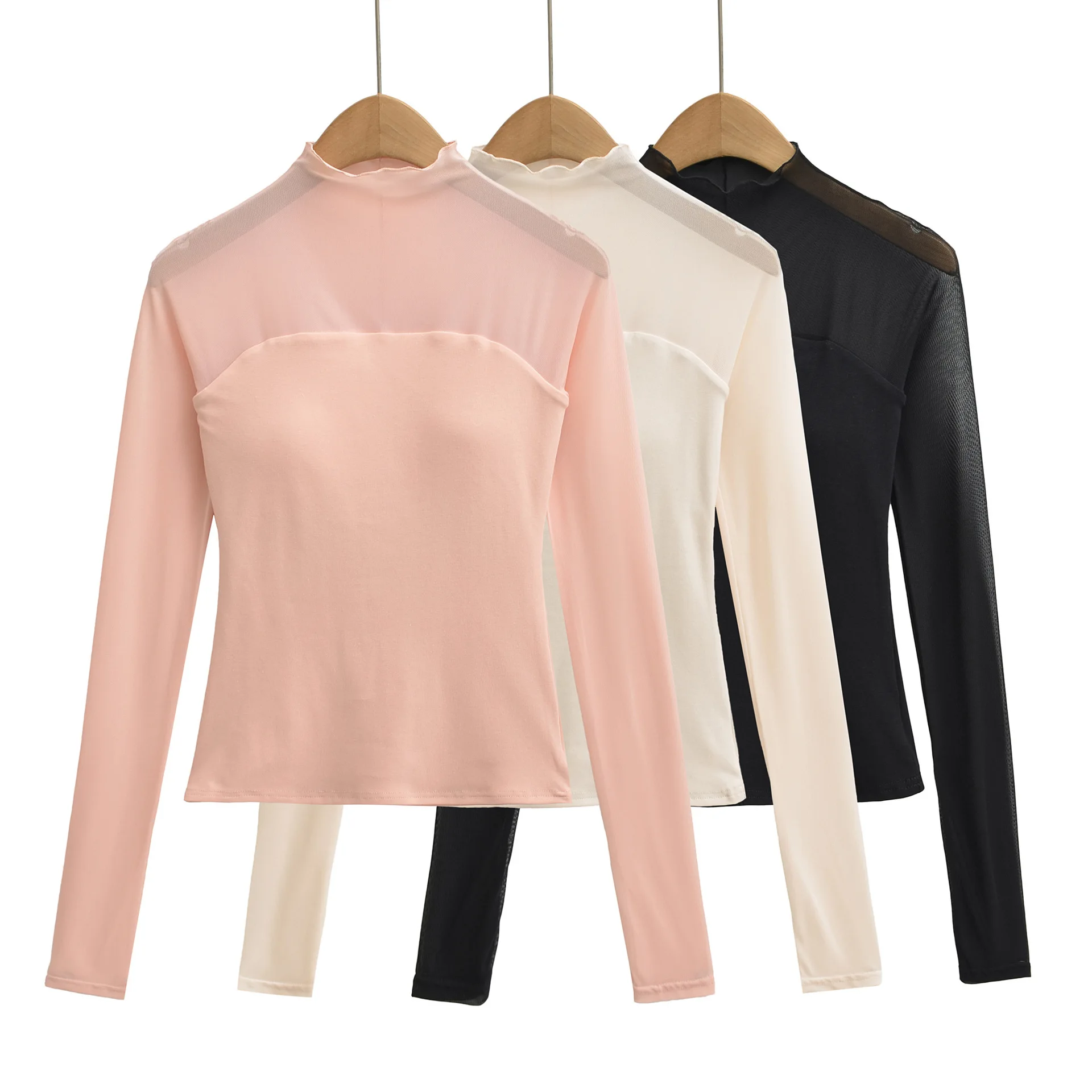 Mesh-paneled half-high collar long-sleeve T-shirt with removable chest pads slim-fit waist-cinching base shirt pure and 7L