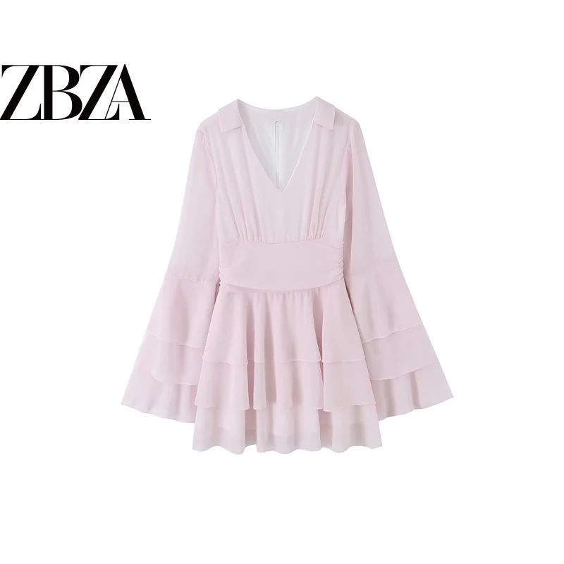 Sweet Fashionable Multi-Layered Flared Sleeve Chiffon Dress V-Neck High Waist Polyester Fiber Long Sleeve H-Style City Commute