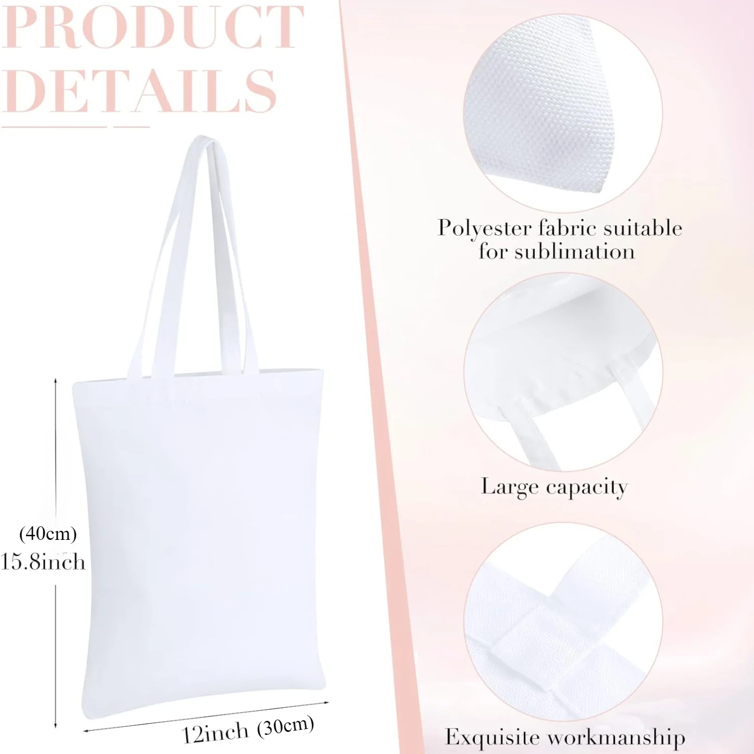 6pcs Sublimation Blank Polyester Tote Bags White Beige -40x30cm for Valentine's Day, DIY Tie-Dye, Souvenirs, and Events