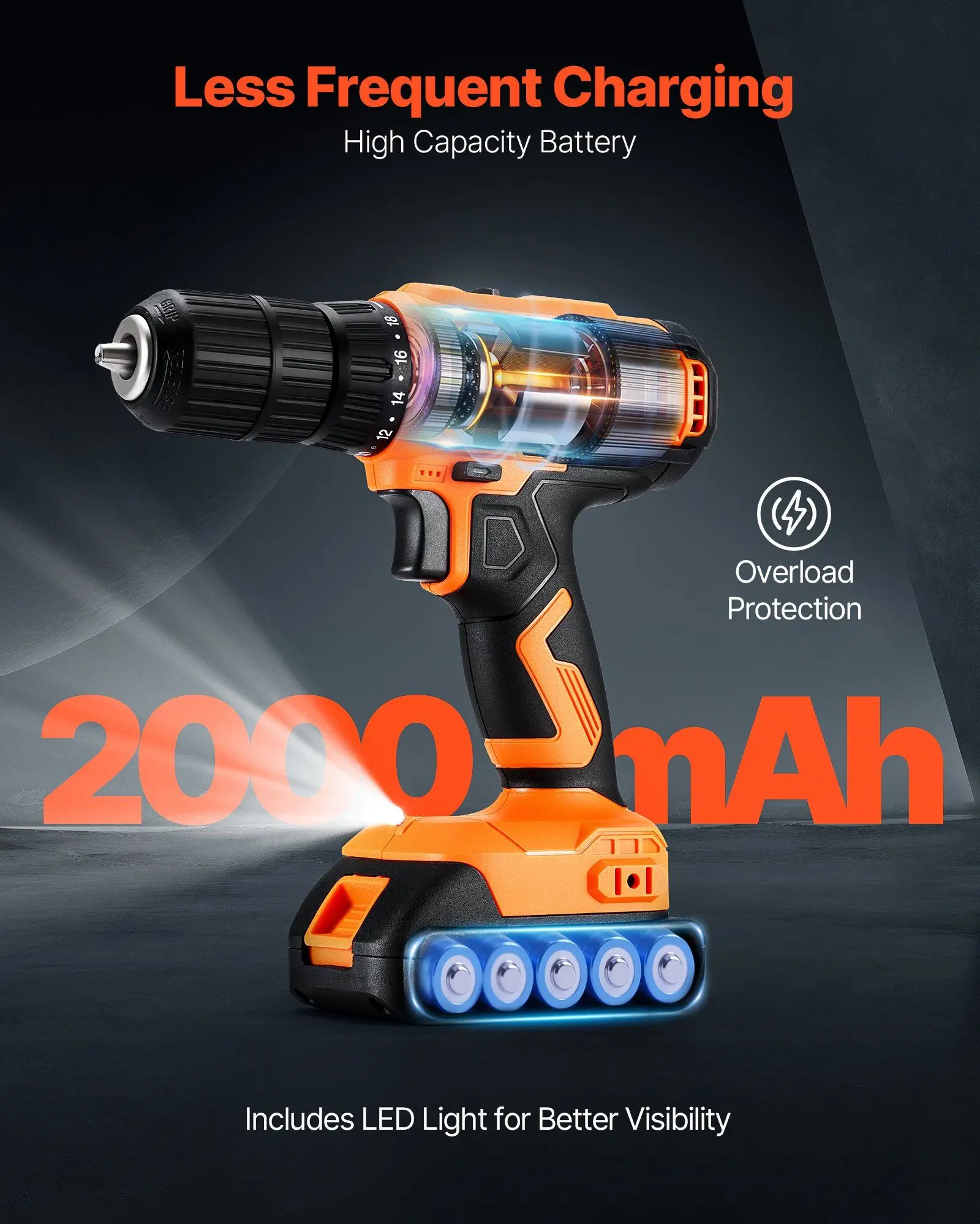 Chave de broca sem fio 1/2 "mandril de metal 0-1800 rpm com clipe de cinto de carregador de bateria para tarefas de condução de parafuso de perfuração de madeira e metal