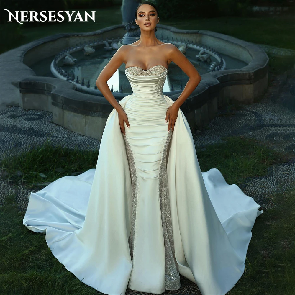 

Nersesyan Vintage Glitter Lace Mermaid Wedding Dresses Sparkly Off Shoulder Pleats Bridal Gowns Detachable Train Bride Dress