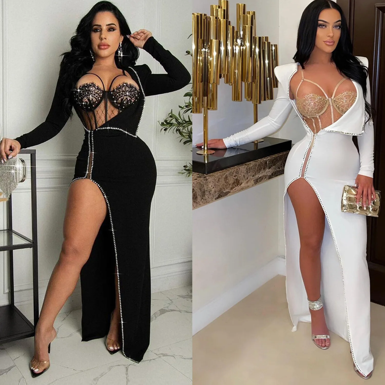 Sexy Mesh Rhinestone Two Piece Set Women Clubwear Party Bodysuit Tops And Long Slit Dress See Through Night Club Outfits Sets