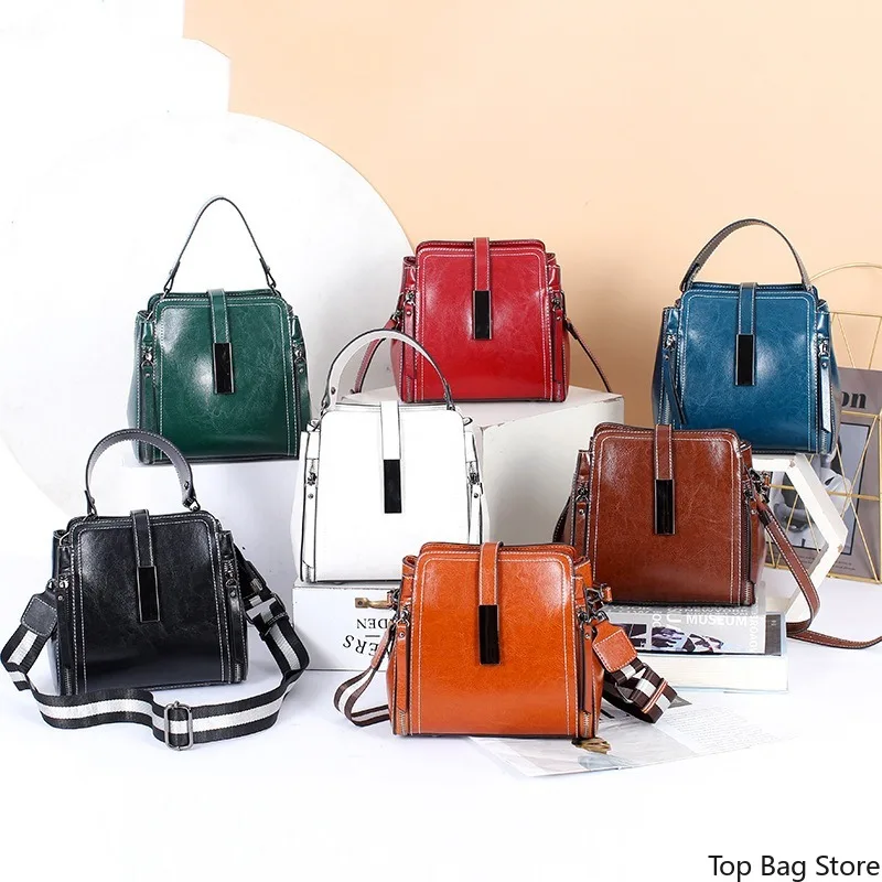 Elegant Vintage Everyday Bucket Bag for Women Genuine Leather Shoulder Bag Full Grain Leather Top Handle Luxury Handbag