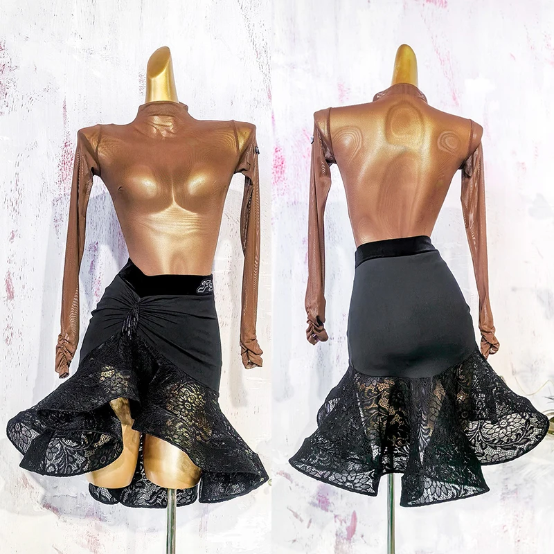 

Костюмы для латиноамериканских танцев 2026: Сексуальный сетчатый топ и кружевная юбка-русалка для женщин, комплект для ча-ча-ча и самбы, латинское платье DN21754