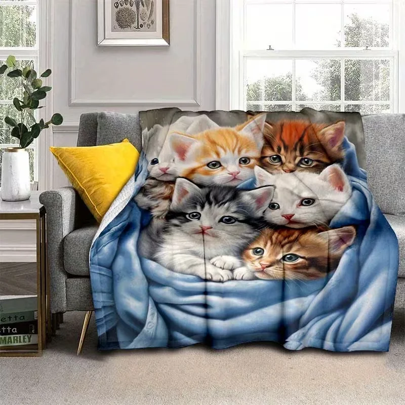 Cute Multi Kittens Animal Print Flannel Throw Blanket, Soft Cozy Lightweight Fleece Blanket for Bedroom Sofa Home Decoration